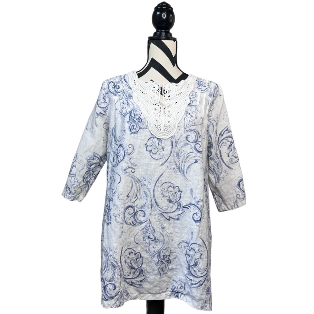 Elena Baldi 100% Linen Sz L Embroidered Floral 3/4 Sleeve Blouse